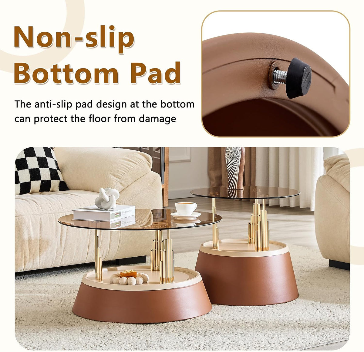 Round Glass Coffee Table Set of 2, Brown, 27.5 Inch | Amber tempered glass tops, brown metal pedestal bases, gold supports, two-tier design for living rooms and apartments