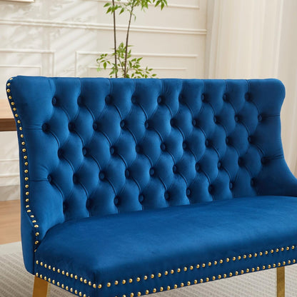KEIKI Velvet Tufted Loveseat Bench, Double Dining Room Chairs, 2-Seat Tufted Seat with Nailhead Trim Chairs with Gold Plated Steel Legs and Padded Seat, Blue