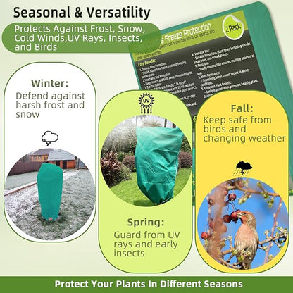 2 Pack Plant Covers Freeze Protection, 40"W x 45"H Winter Frost Blanket 2.36 oz/yd² Fabric Frost Cloth Tree Covers Shrub Jacket Bag with Zipper & Drawstring for Plants Fruit Tree Shrub Potted - Green