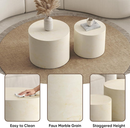 Nesting Round Coffee Table Set of 2, Accent End Table for Small Spaces, Morden Drum Side Table, Wooden Circle Center Table for Living Room, Fully Assembled - Faux Marble