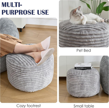 SHOUREN Stuffed Round Ottoman,Pouf Ottoman Foot Rest,20 X 15 in,Light Grey | Corduroy Cover,Memory Foam Filler,Pouf Storage Ottoman Footstool for Living Room,20 X 15 Floor Poufs for Couch,Footrest Only