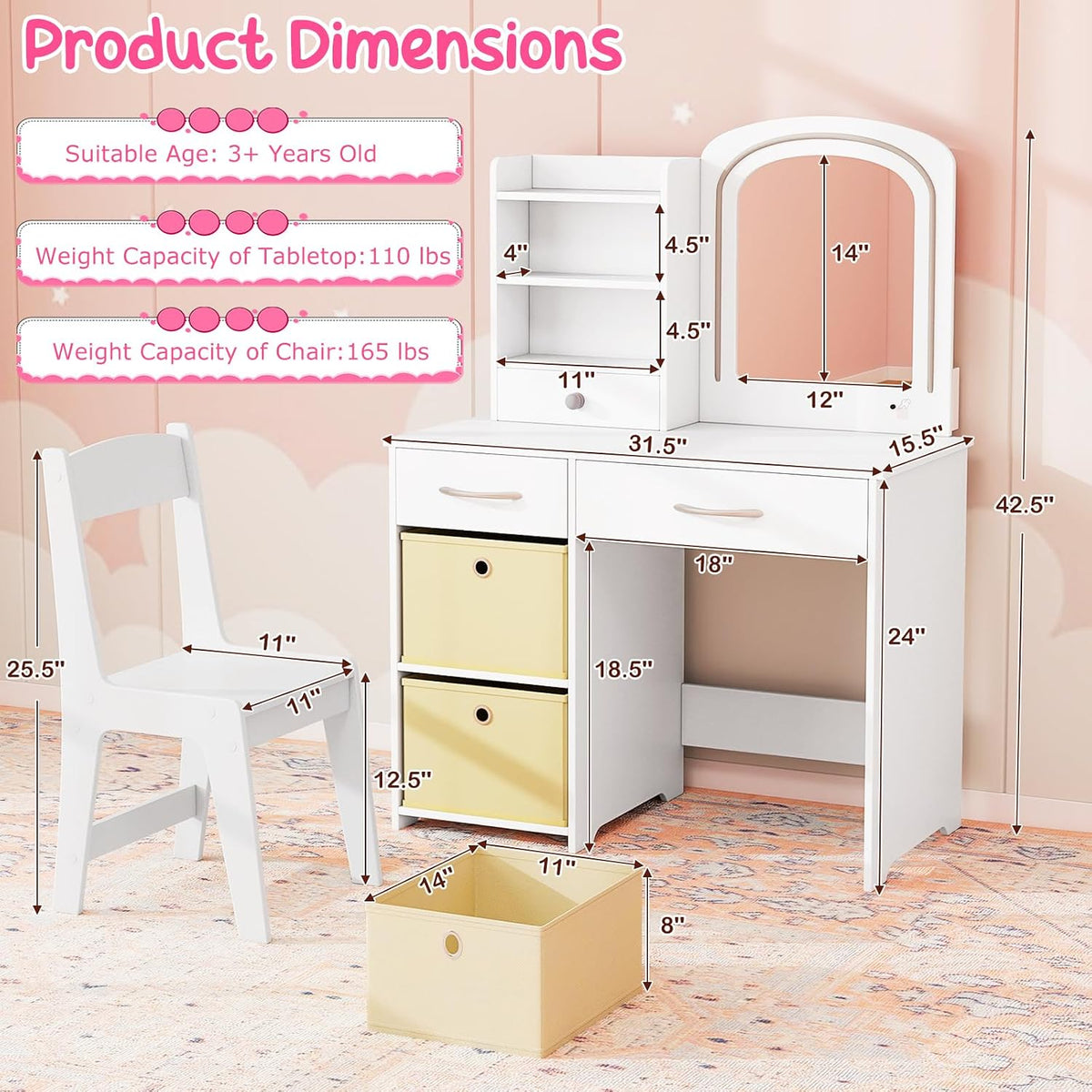 Costzon Kids Vanity with Lights, Princess Makeup Dressing Desk with Mirror and Stool, Storage Drawers, Shelves, Vanity Table and Chair Set for Little Girls (White)