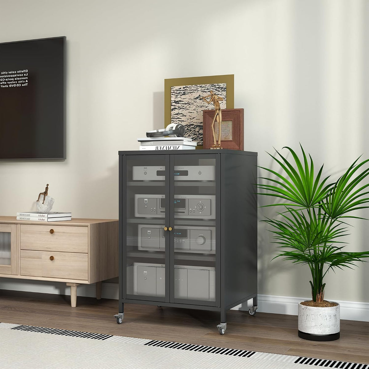 Stereo Cabinet, Metal Media Storage Cabinet with Glass Doors, Audio-Video Media Stand with 4 Adjustable Shelves, AV Stand for Meeting, Living, Recording Room, Require Assembly, Black