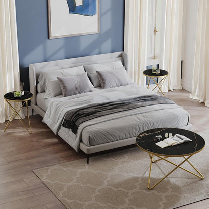 HLR Modern Round Coffee Table and Side Table Set of 3,End Table with Faux Marble Top and Gold Metal Frame, Side Table for Living Room, Bedroom, Sofa and Couch, Gold Legs, Black Marble Top