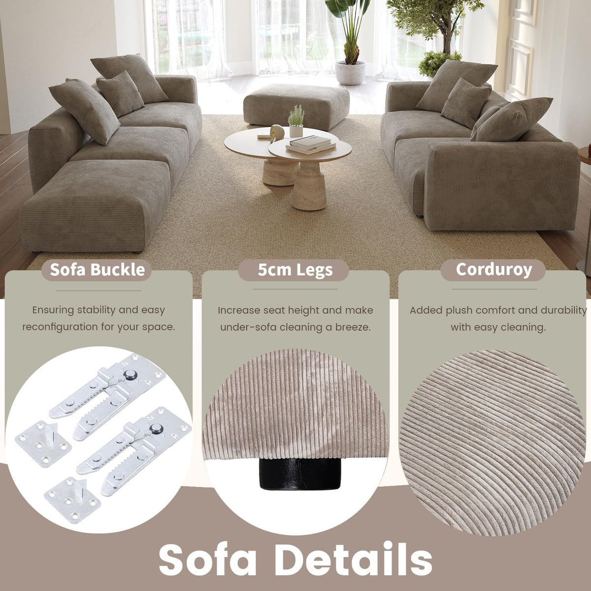 Sectional Couches for Living Room,102inch Cloud Couch Modular Sectional Sofa,Modern Corduroy Couch Love Seat,Cushion Covers Removable& Washable (Brown)