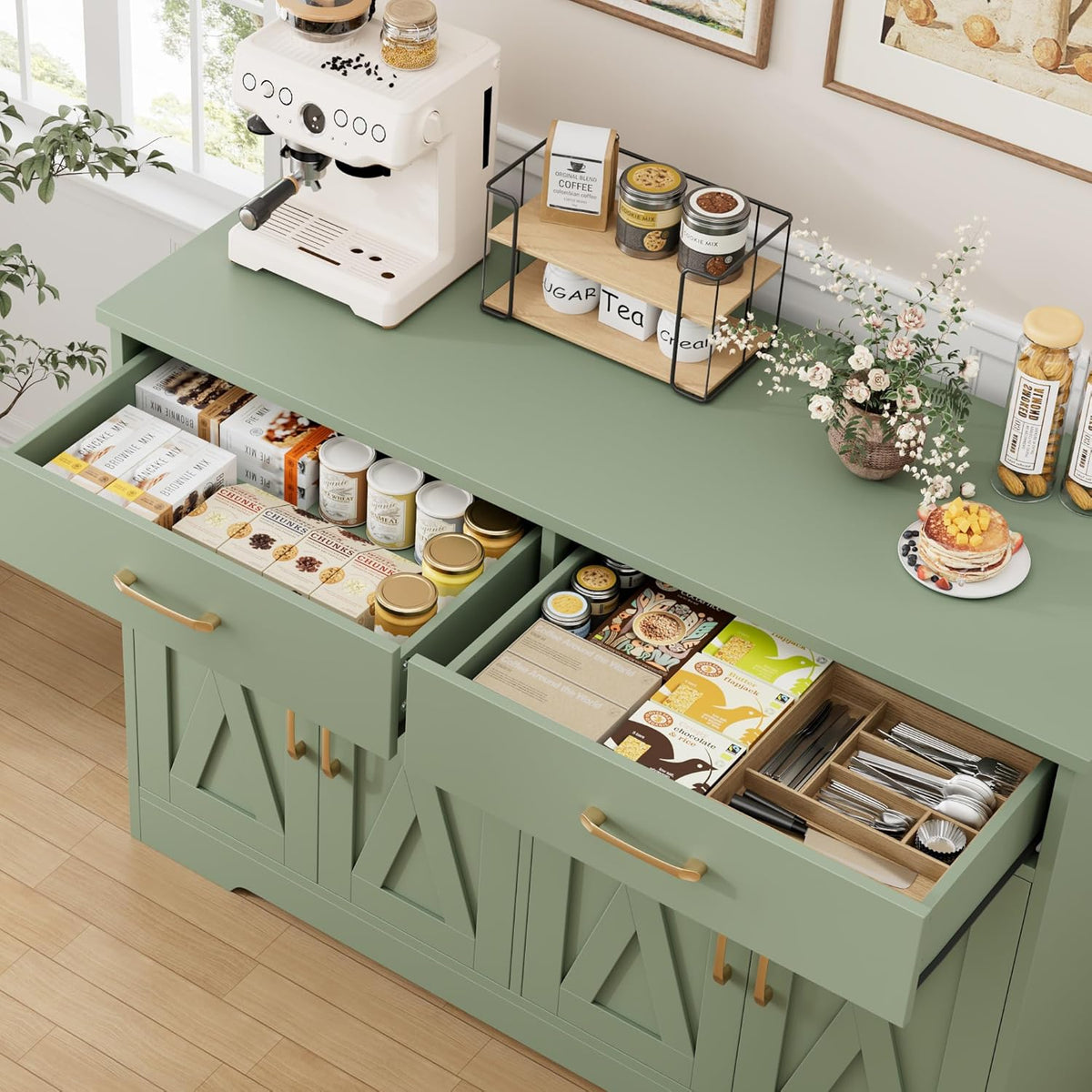 HOSTACK Buffet Cabinet with Storage, 47.2" Kitchen Sideboard Buffet with Drawers, Modern Farmhouse Coffee Bar Station with Shelves, Barn Doors Storage Cabinet for Living Room, Green