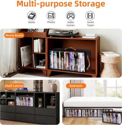 4 Pack DVD Storage Box, Stackable Oxford Fabric DVD Cases Holder with Front Zippered Clear Window and Handles, 15.7 x 7.9 x 6.1 In, Foldable DVD Organizer Rack, Holds Up to 100 DVDs (25 Each)