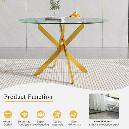 Round Glass Dining Table Set for 4, 47" Circle Glass Dining Table with Gold Metal Legs, Modern Kitchen Table Set for 4 with Velvet Chairs, 5 Piece Dining Table Set for Breakfast Dinette Party, Blue