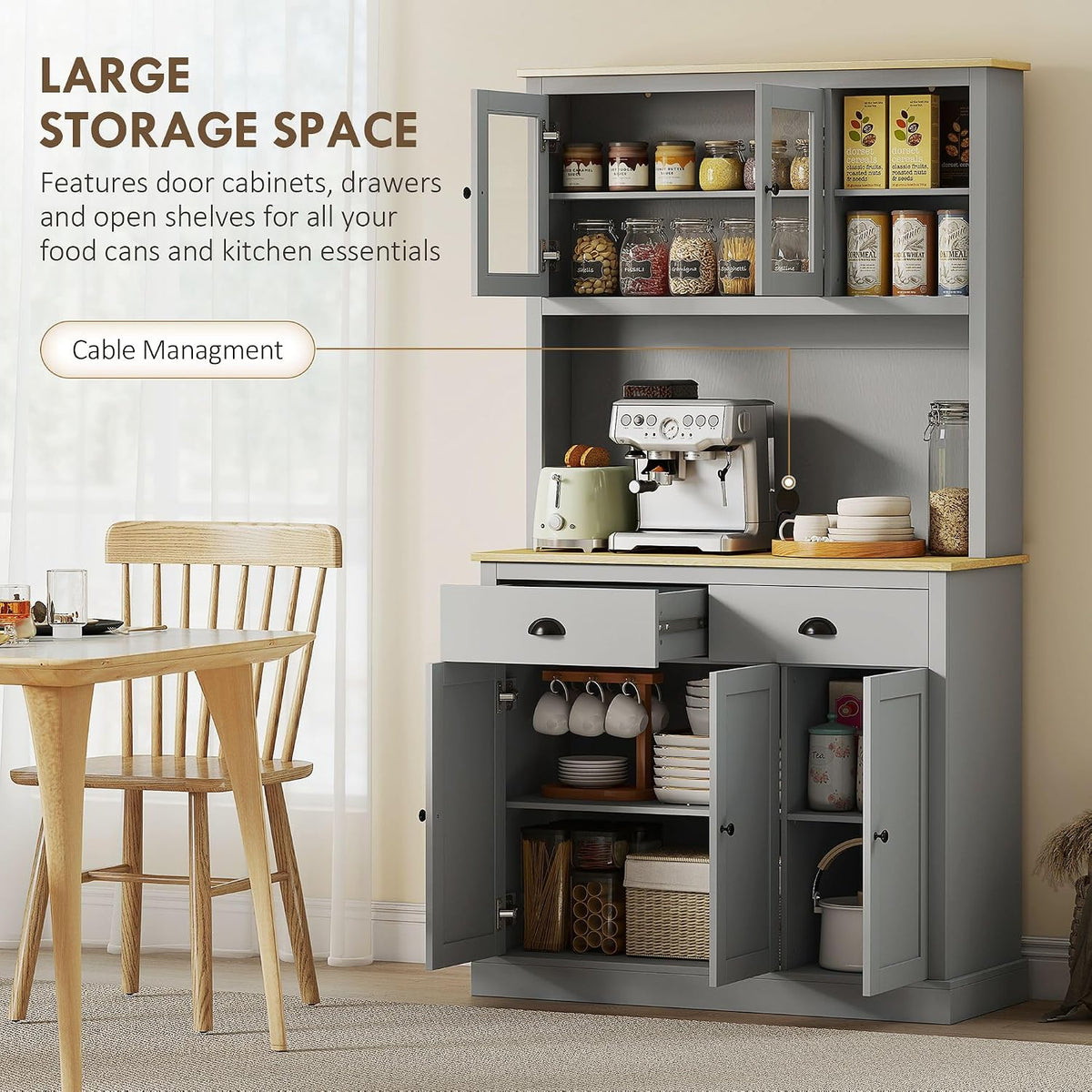 71-inch Height Kitchen Pantry, freestanding with Reversible Adjustable Shelves Three Heights, Wide countertop Cable Access, Gray and Yellow Oak Finish