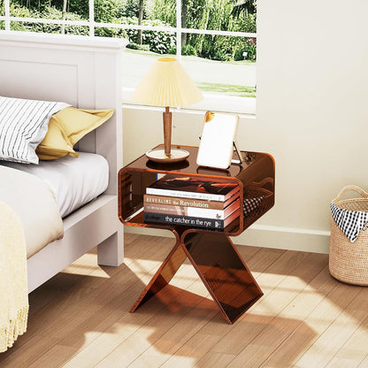 Acrylic Nightstand Side Table Modern Design Clear Home Decor Display End Table for Living Room (Dark Brown)