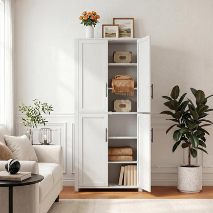 67" Kitchen Pantry Cabinet, 28"W Storage Cabinet for Kitchen, Living Room | 67" x 28" x 15" size, 4 adjustable shelves, engineered wood, anti-tip compatible, Shaker doors, White