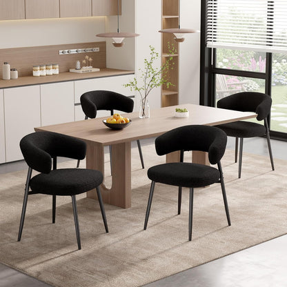 Dining Chairs Set of 4, Mid Century Modern Kitchen Chairs, Boucle Upholstered Dining Chair with Curved Backrest & Metal Legs for Kitchen Dining Room, Black