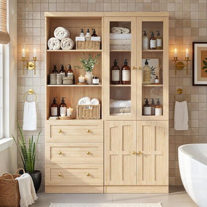 Cyclysio Farmhouse Kitchen Pantry Cabinets - 80" Tall Wood Kitchen Storage Cabinets with Adjustable Shelves & Doors & Drawers, Versatile Storage for Living Room, Kitchen, Set of 2 (Natural)