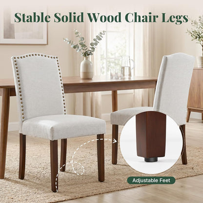 Upholstered Dining Chair Set of 6, Farmhouse Fabric Kitchen Chair | Modern, Padded Seat, Solid Wood Legs, High Back, Nailhead Trim, Living Room, Restaurant, Hotel, Beige