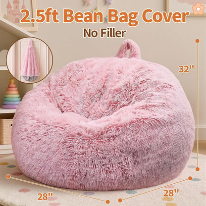 Stuffed Animal Storage Bean Bag Chair Cover, Soft Bean Bag Cover | Fluffy Faux Fur Stuffed Animal Storage Chair, Non-Slip Bottom, Fill with Plush Toys or Blankets, for Kids Teens Adults Girls
