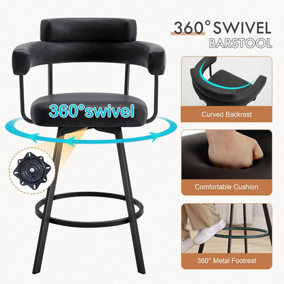 Swivel Counter Height Stools Set of 2, 26‘’ Kitchen Bar Stools with Arm Rest, Black Faux Leather Island Chairs with Metal Legs