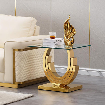 Modern End Table, Living Room End Table with Tempered Glass Top & Geometric Shape Stainless Steel Legs, Square End Table, Luxury Glass Sofa Side Table, Bedside Table, Small Accent Table, Gold