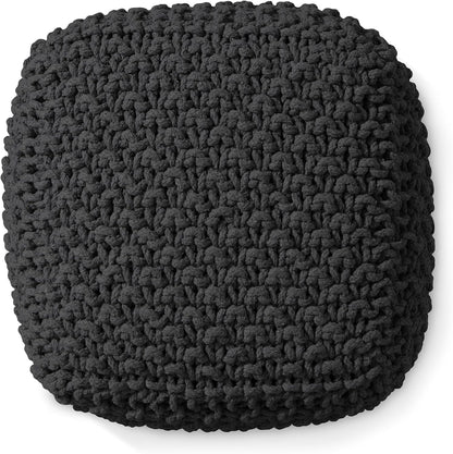 Casafield Square Pouf Ottoman, Black - 18.5" W x 18.5" D x 14.5" H Cotton Knit Foot Stool - Boho Floor Pouffe for Living Room, Bedroom, Home Office