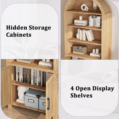 Janmer Home 71" Tall Boho Rattan Arched Bookcase with Doors, Natural