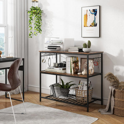 Giantex Kitchen Baker Rack with 3 Tier Storage Shelves, 10 Hooks, Glass Holder, 40" Stationary Island with Spacious Worktop, Industrial Kitchen Shelf, Metal Frame, Easy Assembly (Rustic Brown & Black)
