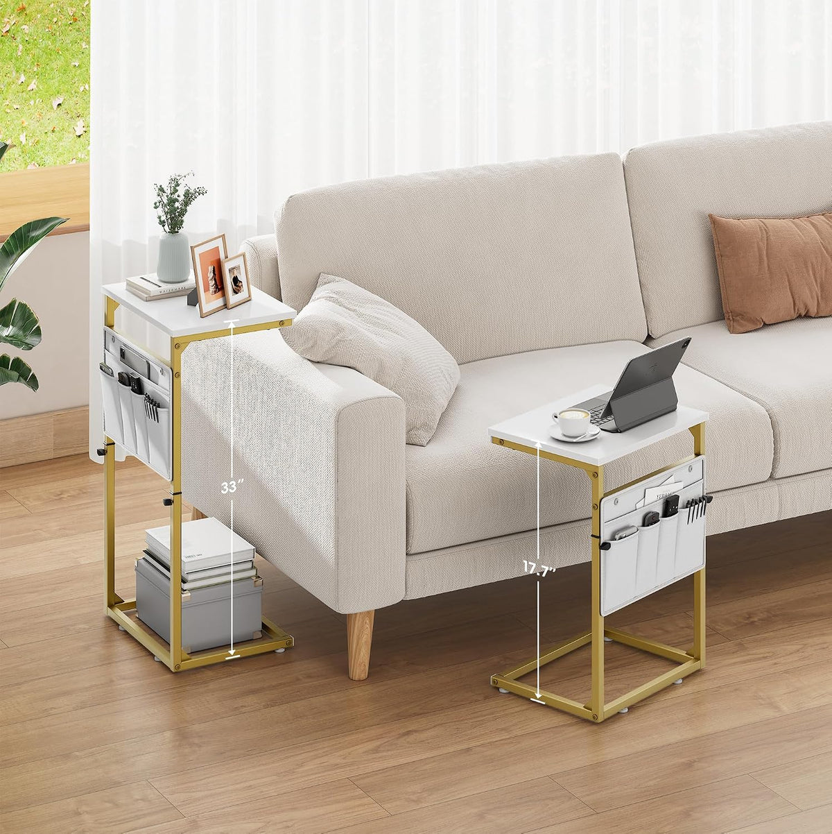 Vagusicc C Shaped End Table, 33'' Tall Side Table for Couch, Adjustable Height Small Couch Side Table for Small Spaces, C Table End Table Slide Under Sofa Table TV Tray Arm Table for Living Room
