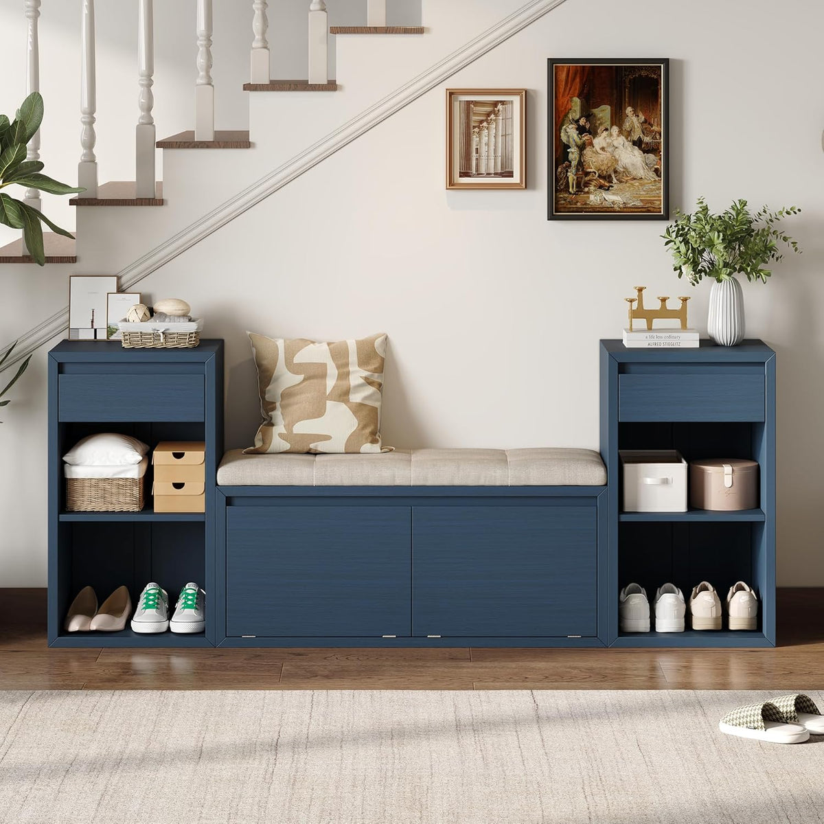 All in One Entryway Shoe Storage Bench with Cushion, Compartments, Drawers, Open Shelves for Hallway, Mudroom, Living Room Antique Navy