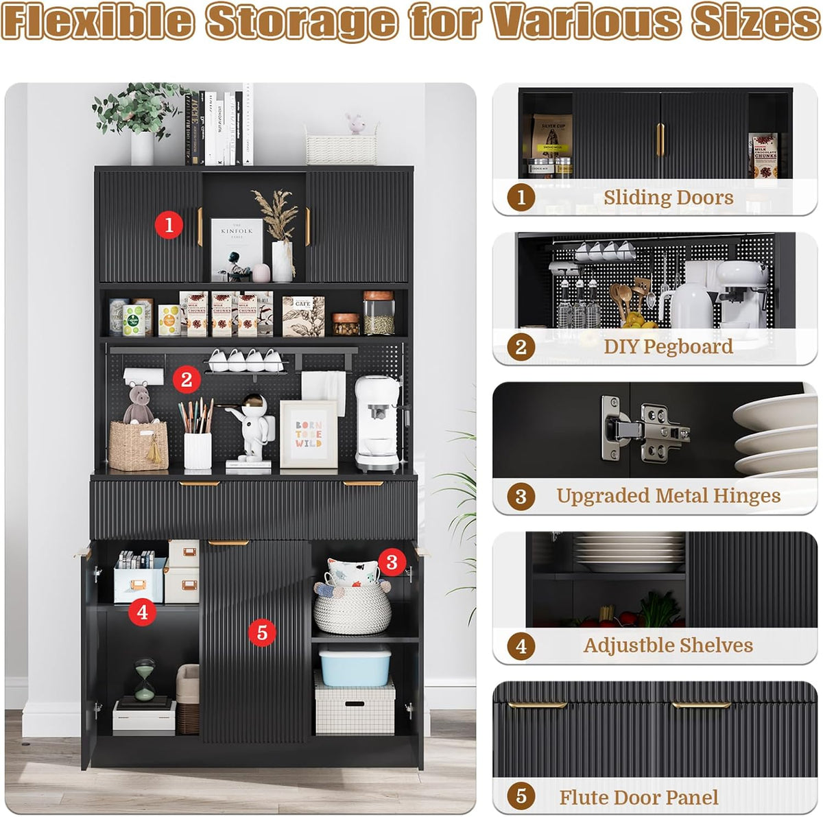73" Tall Modern Kitchen Pantry Cabinet, Kitchen Hutch Bar Cabinet with Charging Station & DIY Pegboard, Wooden Storage Cabinets with Fluted Doors & Microwave Stand, Cupboard for Dining Room, Black