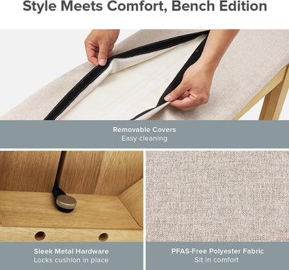 mopio Logan Upholstered Beige Dining Bench, Modern Farmhouse Solid Wood with Light Wire Brush for Dining Room and Kitchen (64" Dining Bench)