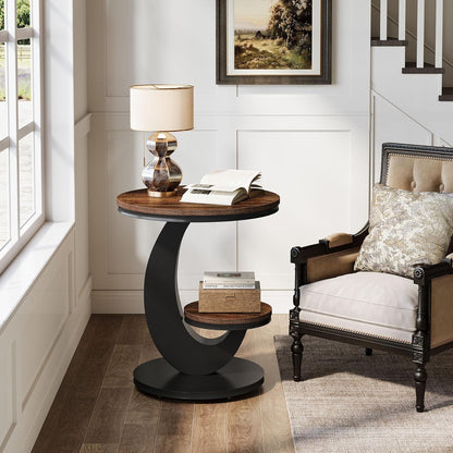 Tribesigns Round End Table, 2 Tiers Side Table with Storage Shelf, Sofa Side Bedside Nightstand with Wood Metal Arc-Shaped Frame for Small Spaces, Living Room, Bedroom, Easy to Assemble, Brown (1PCS)