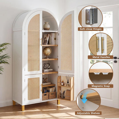 Polibi 71" Tall 4-Door Arched Cabinet, MDF Rattan Door Storage with Adjustable Shelves, Built-in Racks & 4 Support Legs, Farmhouse Pantry Cabinet for Kitchen & Dining Room, White