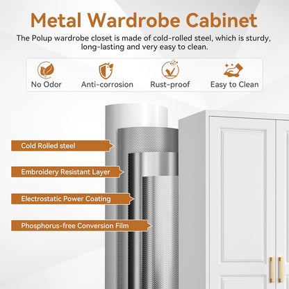 Polup Metal Armoire Wardrobe Closet, 71" Tall Wardrobe Cabinet with 2 Doors | Heavy Duty Steel Clothing Storage Cabinet with Hanging Rod & 3 Adjustable Shelves for Bedroom, Office, Broom Closet, White