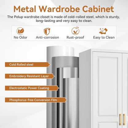 Polup 71" Metal Armoire Wardrobe Closet with Doors and Adjustable Shelves | Tall Freestanding Wardrobe Cabinet for Clothes, Heavy Duty, Hanging Rod, Bedroom, Office, School, Employee, Garage, White