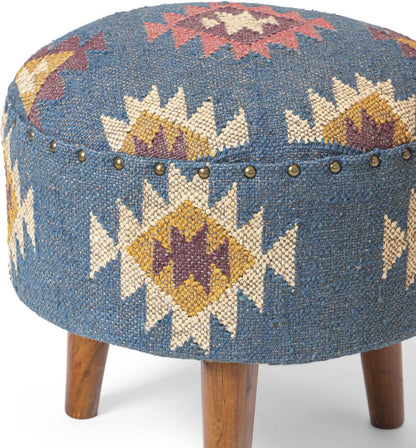 Handmade Kilim Jute Pouf Ottoman Stool | Round Upholstered Seating with Acacia Wood Base | Decorative Foot Rest for Living Room, Bedroom, Hallway, Office & Lounge (Grey)