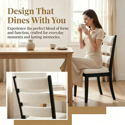 Dining Chairs Set of 2 Farmhouse Kitchen Chairs with Upholstered Cushion Back and Seat Ladder Back Side Chairs for Dining Room Living Room Restaurant(Black Frame, Chenille Beige)