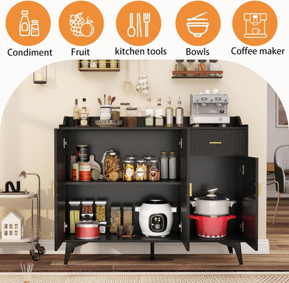 Sideboard Buffet Cabinet with Drawers: 47" Black Fluted Sideboard Cabinet with Storage, Modern Kitchen Cabinets Storage, Credenzas for Living Room (47")
