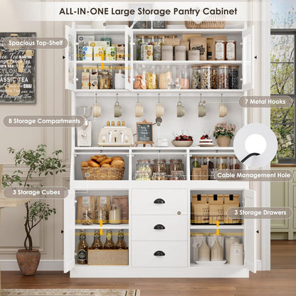 HIFIT 71.4” H Kitchen Hutch Pantry Cabinet with 3 Bread Boxes&7 Metal Hooks | Farmhouse Kitchen Hutch Cabinet with Storage and Glass Doors for Living Dining Room, Home Office, White