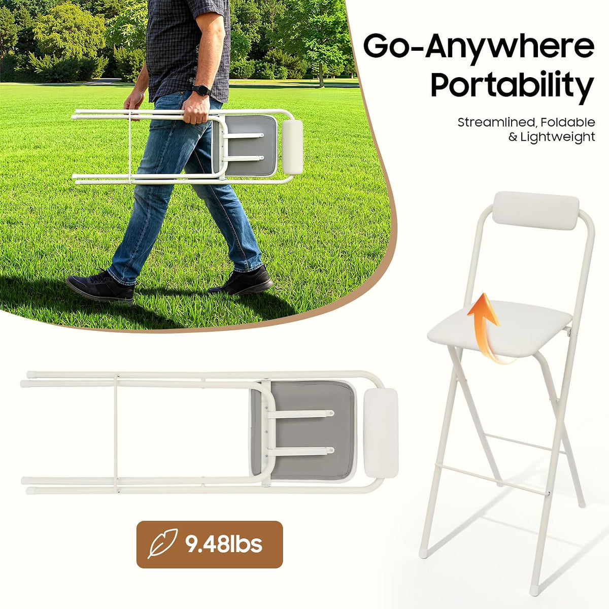 DYRABREST Folding Chair with Backrest, Tall Collapsible Stool, Steel Folding Bar Stool, Counter Height Seat with Leather Padded for Kitchen Island Shop Cafe Dining Room (1, White, 29.5 Inch)
