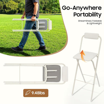 DYRABREST Folding Chair with Backrest, Tall Collapsible Stool, Steel Folding Bar Stool, Counter Height Seat with Leather Padded for Kitchen Island Shop Cafe Dining Room (1, White, 29.5 Inch)