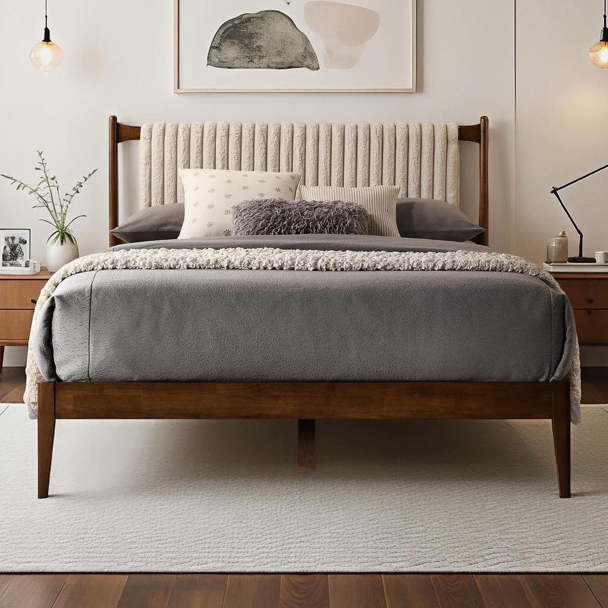 Ella Wooden Platform Bed | Box Spring Not Required | Walnut and Beige, Queen