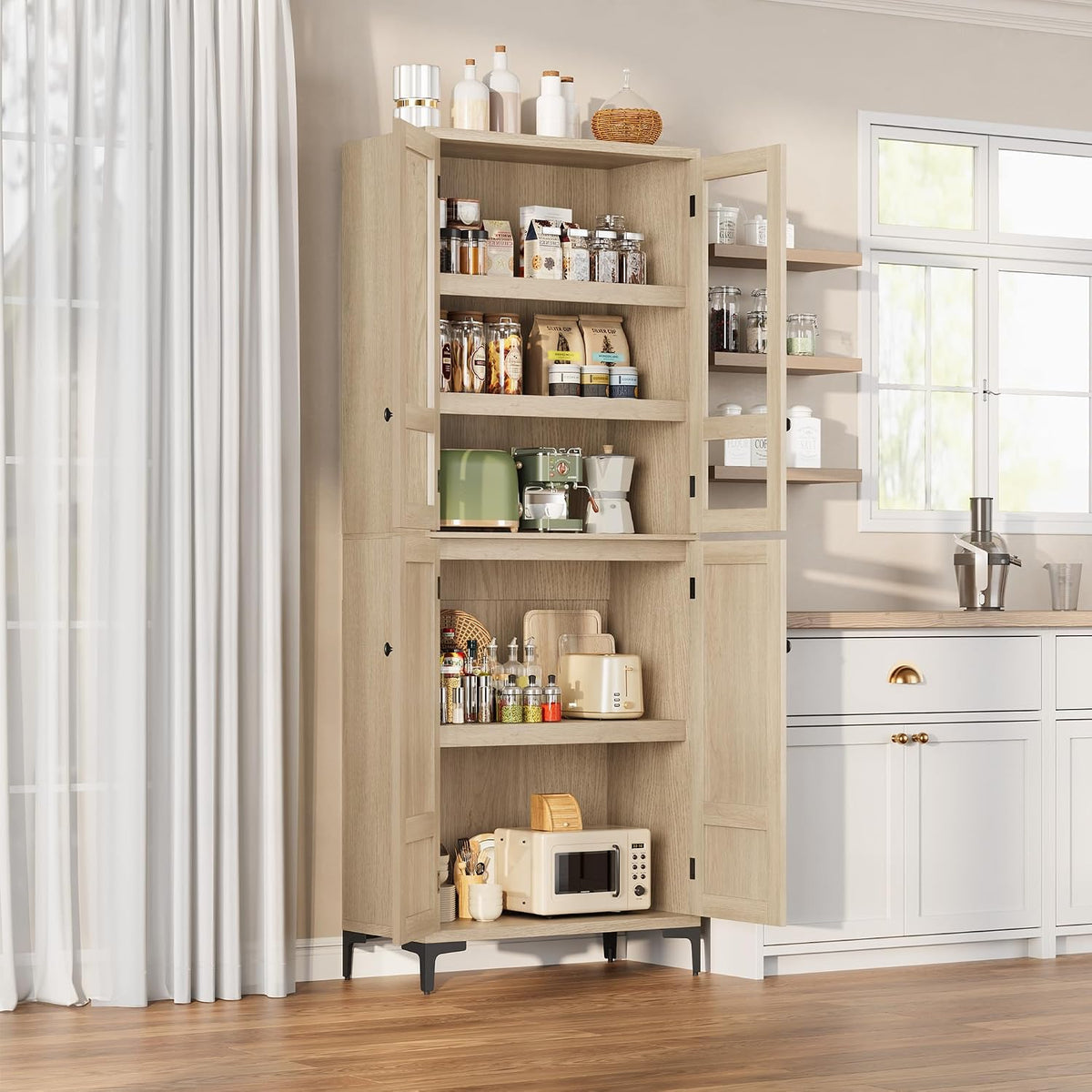 GarveeHome 71 in Tall Storage Cabinet, Kitchen Pantry Cabinet 5 Tier Bathroom Cabinet with 4 Doors Adjustable Shelves for Kitchen, Dining Room, Bathroom (Pear Wood, Glass with 4 Doors)
