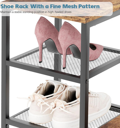 Shoe Rack Bench for Entryway,Free Standing Shoe Storage Organizer for Front Door Entrance,4-Tier Boot Rack Holder Shelf for Closet with Seat,Sturdy Shoe Shelves for High Heels(Brown)