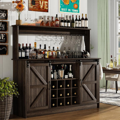 4ever2buy 55" Farmhouse Coffee Bar Cabinet with Storage & Wine Rack, Oak | Storage Hutch with Adjustable Shelves, Wine Rack and 8 Hooks for Living Room or Dining Room Storage