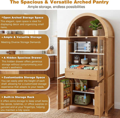 71" Fluted Tall Arched Pantry Cabinet with Glass Doors,Hutch Cabinet with Storage for Kitchen, Living Room, Dining Room, Wood Color