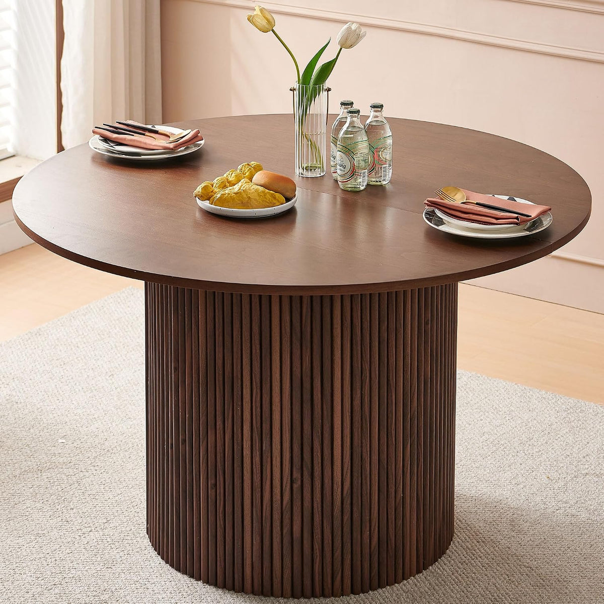 Homedot 47" Round Kitchen Dining Table Walnut for 4 with Veneer Tabletop | Farmhouse Dinner Table Fluted| Two-Part Tabletop| Rustic Circle Dining Table with Wooden Strip Base for Dining Living Room