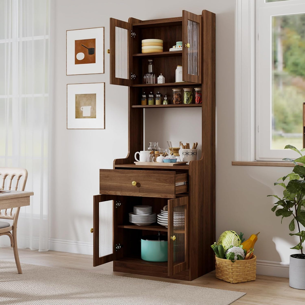 71“ Tall Kitchen Pantry Storage Cabinet, Modern Kitchen Hutch Bar Cabinet with Microwave Stand Buffet Sideboard with Hutch, Cupboard with Doors & Drawer, Coffee Bar Organizer for Dining Room (Walnut)