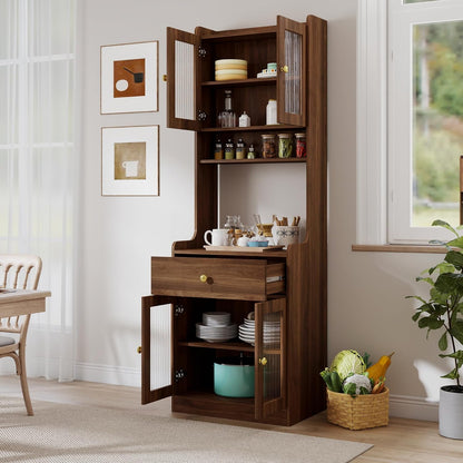 Dancongtea Kitchen Pantry Hutch Storage Cabinet Farmhouse Buffet Sideboard with Microwave Stand and Cable Management Walnut for Kitchen Dining Room Coffee Bar