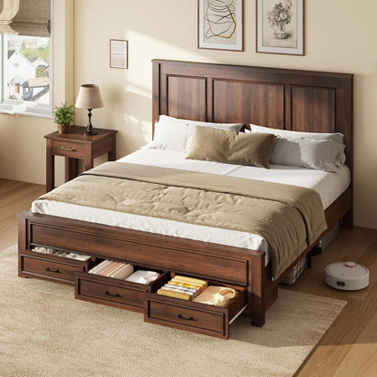 AMERLIFE 52.2" King Size Farmhouse Bed Frame with Headboard, Rustic Brown