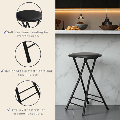Backless Folding Stool with 225lb Capacity for Kitchen or Rec Room - Portable Indoor Counter Bar Stools (24-Inch, Black)