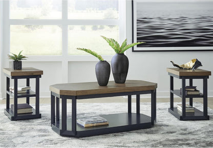 Signature Design by Ashley Landocken Contemporary Occasional Table Set with Open Shelves and Casters, Set of 3, Light Brown & Blue