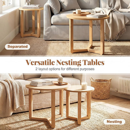 Giantex Round Nesting Coffee Table Set of 2, Wood Nesting End Tables with Thickened Top & Solid Rubber Wood Legs, Farmhouse Sofa Side Table for Small Spaces Living Room Bedroom (Natural)